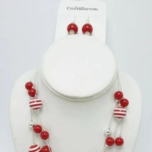 New triple strand red & silver necklace & earrings set